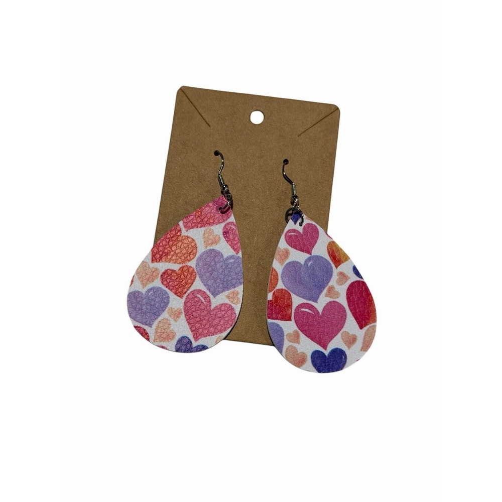 Multicolor Heart Faux Leather Teardrop Earrings Valentine Statement Handmade‎